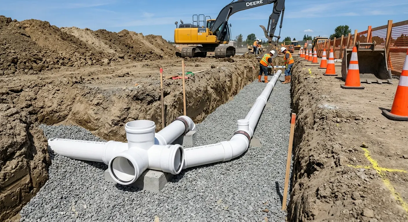 New PVC sewer pipe installation in open trench for Sewer Backup in Broomfield