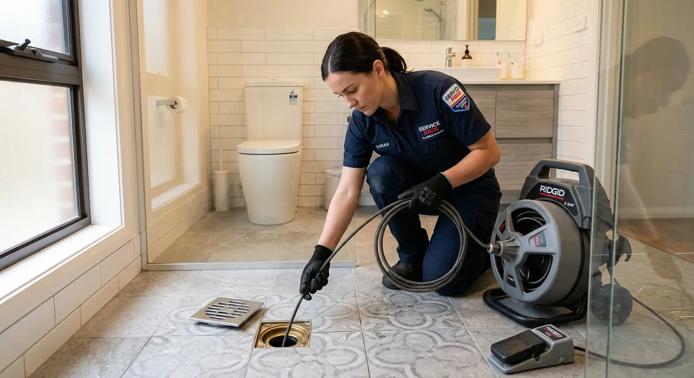 Technician clearing a bathroom floor drain for Clogged Drain Repair in Broomfield